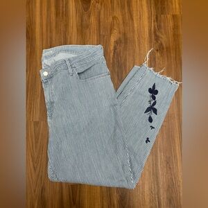 Old Navy Blue and White Striped Jeans with Flower Embroidery Size 16